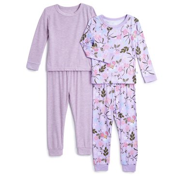 Sleep On It Little Girls' Floral Tight Fit Bamboo Pajama Set, 4-Piece 