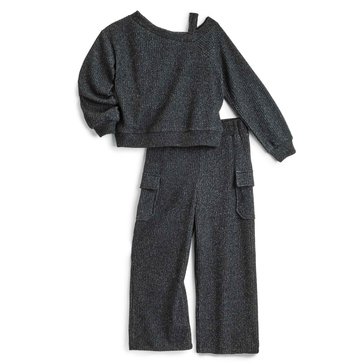 Star Ride Little Girls' Long Sleeve Off The Shoulder And Wide Leg Cargo Pants Set