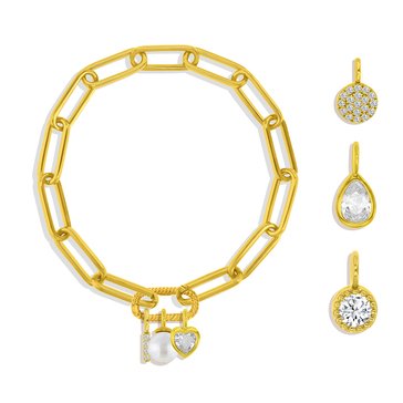 Charm Bar Paperclip Textured Oval Clasp Pearl CZ Charm Bracelet Set