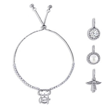 Charm Bar Tennis Bolo Faith Pearl CZ Charm Bracelet Set