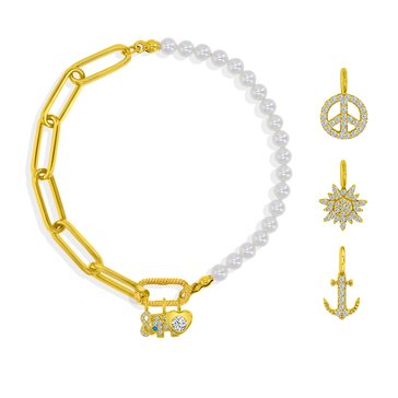 Charm Bar Paperclip and Pearl Infinity, Anchor Peace Charm Bracelet Set