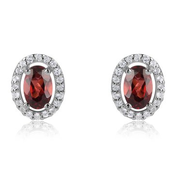 Garnet Oval Cut with White Topaz Halo Stud Earrings