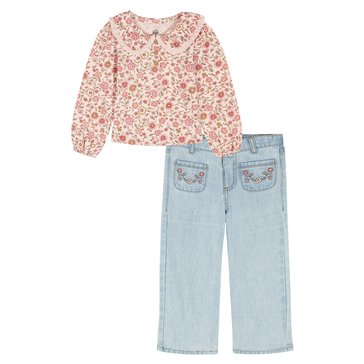 Kids Headquarters Toddler Girls' Printed Peter Pan Collar Shirt Denim Pants Set