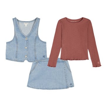 Calvin Klein Toddler Girls' Vest Denim Skort Set,  3-Piece