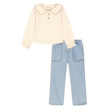 Calvin Klein Toddler Girls' Peter Pan Collar Top Woven Pants Set