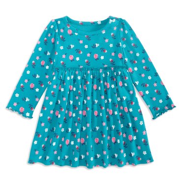 Wanderling Baby Girls' Long Sleeve Small Floral Ribbed Dress