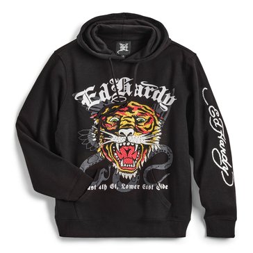 Ed Hardy Men's Rhinestone Tiger Head Hooded Pullover Fleece