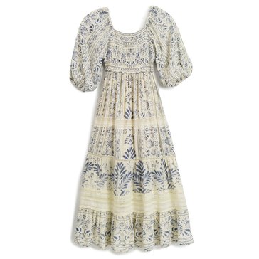 Angie Women's 3/4 Sleeve Border Print Crochet Trim Midi Dress