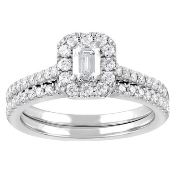 Evolv. 1 cttw Lab Grown Diamond Emerald Cut Halo Bridal Ring Set