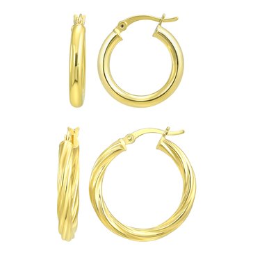 Polished and Diamond Cut Round Hoop Earrings Duo Set