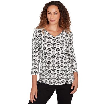 Emaline Women's 3/4 Sleeve Fan Medallion Boat Neck Top (Petites)