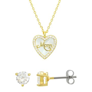Mother of Pearl and CZ Mom Pendant & Stud Earring Set