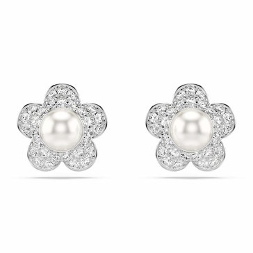 Ariana Grande x Swarovski Stud Earrings, Crystal Pearl, Round Cut, Flower, White, Rhodium Plated