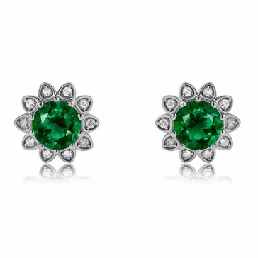 Created Emerald Flower with White Topaz Earrings