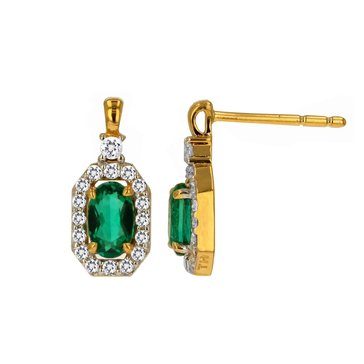 Created Emerald with White Topaz Oval Earrings 