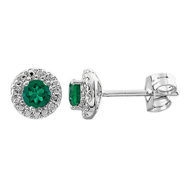 Created Emerald with White Topaz Round Stud Earrings