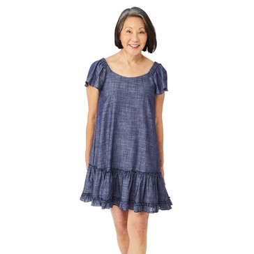 Robbie Bee Women's Cap Sleeve On Off Shoulder Tiered Chambray Dress