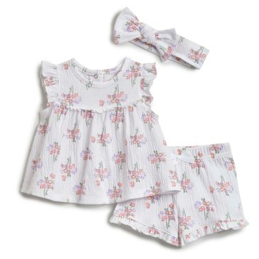 Wanderling Newborn Girls' Ribbed Short 3-Piece with Headband Set