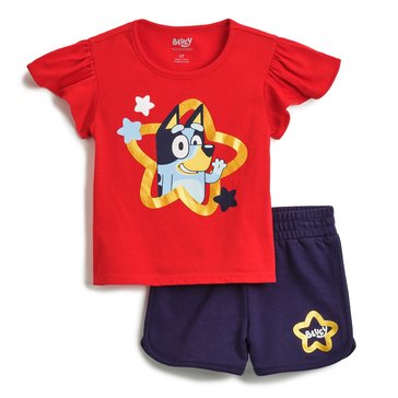 Disney Little Girls' Stitch Short Sleeve Americana Pocket Tee Flutter Short Set