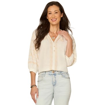 Democracy Women's Blouson Sleeve with Embroidered Detail Mixed Media Top (Plus Size)