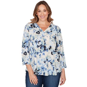 Emaline Women's Sea Botanical 3/4 Sleeve Knit Top  (Plus Size)