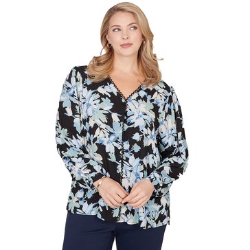 Emaline Women's Garden Floral Lace Trim Long Sleeve Blouse  (Plus Size)
