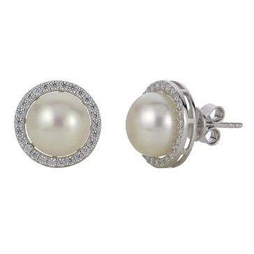 Imperial Freshwater Cultured Pearl with Created White Sapphire Halo Button Earrings