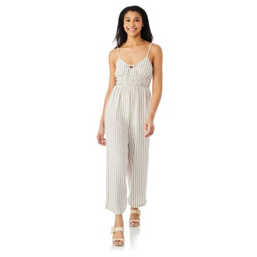 No Comment Women's Spaghetti Strap Front Tie Stripe Jumpsuit
