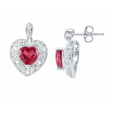 Created Ruby with White Topaz Heart Earrings