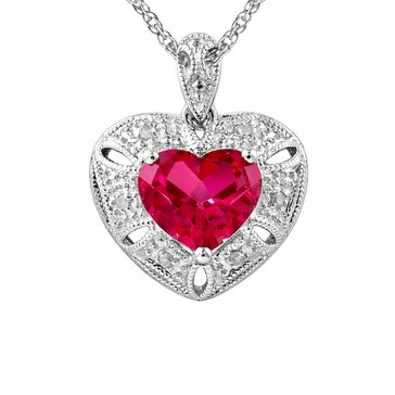 Created Ruby with White Topaz Heart Pendant