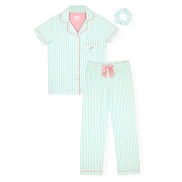 Sleep On It Big Girls' Rose Stripe Placket Coat And Pants Pajama Set