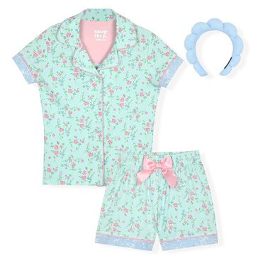Sleep On It Little Girls' Flowers And Bows Placket Coat And Shorts Pajama Set