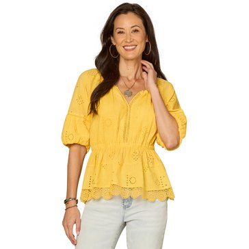 Democracy Women's Elbow Bubble Sleeve Crochet Peplum Woven Top