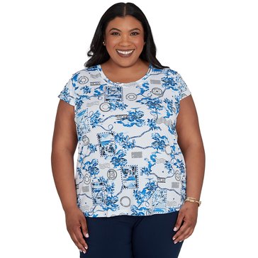 Emaline Women's Island Hopping Postcard Scoop Neck Cap Sleeve Top Plus