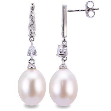 Imperial Freshwater Cultured Oval Pearl and White Topaz Drop Earrings