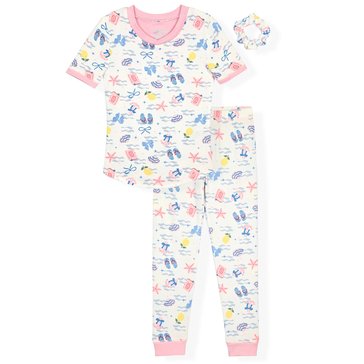 Sleep On It Little Girls' Seaside Bows Short Sleeve Tight Sleep Set, 2 Piece