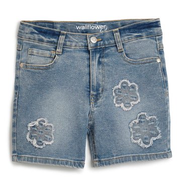 Wallflower Big Girls' 3D Floral Applique Denim Midi Shorts