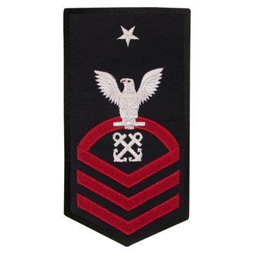 Women's E8 (BMCS) Rating Badge in STANDARD Red on Blue POLY/WOOL for Boatswain Mate