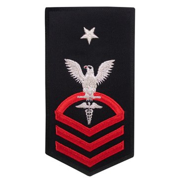 Women's E8 (HMCS) Rating Badge in STANDARD Red on Blue POLY/WOOL for Hospital Corpsman