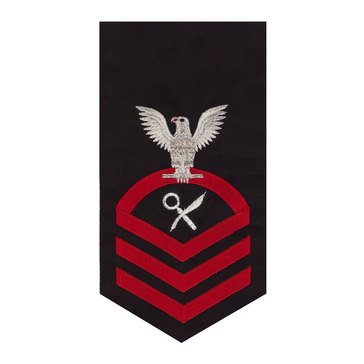 Men's E7 (ISC) Rating Badge in STANDARD Red on Blue POLY/WOOL for Intelligence Specialist