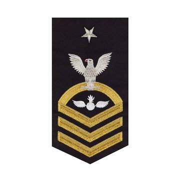 Men's E8 (AOCS) Rating Badge in STANDARD Gold on Blue POLY/WOOL for Aviation Ordinanceman