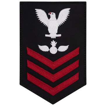 Men's E4-E6 (AO1) Rating Badge in STANDARD Red on Blue SERGE WOOL for Aviation Ordinanceman