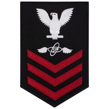 Men's E4-E6 (AT1) Rating Badge in STANDARD Red on Blue SERGE WOOL for Aviation Electronics Technician