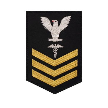 Men's E4-E6 (HM1) Rating Badge in STANDARD Gold on Blue SERGE WOOL for Hospital Corpsman