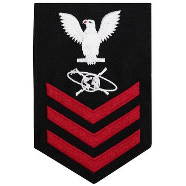 Men's E4-E6 (MC1) Rating Badge in STANDARD Red on Blue SERGE WOOL for Mass Communications Specialist