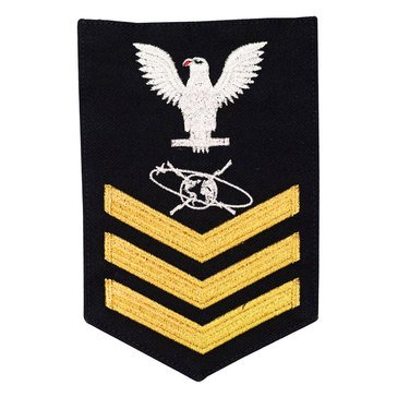 Men's E4-E6 (MC1) Rating Badge in STANDARD Gold on Blue SERGE WOOL for Mass Communications Specialist