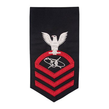 Men's E7 (MCC) Rating Badge in STANDARD Red on Blue POLY/WOOL for Mass Communications Specialist