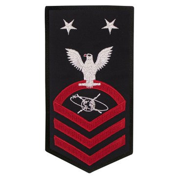 Men's E9 (MCCM) Rating Badge in STANDARD Red on Blue POLY/WOOL for Mass Communications Specialist