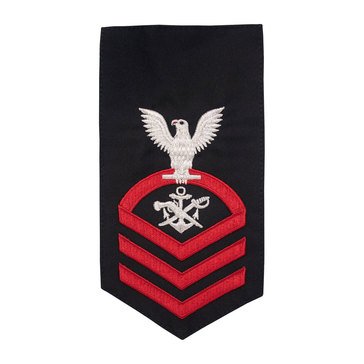 Men's E7 (SBC) Rating Badge in STANDARD Red on Blue POLY/WOOL for Special Warfare Boat Operator