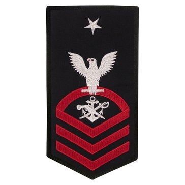 Men's E8 (SBCS) Rating Badge in STANDARD Red on Blue POLY/WOOL for Special Warfare Boat Operator 